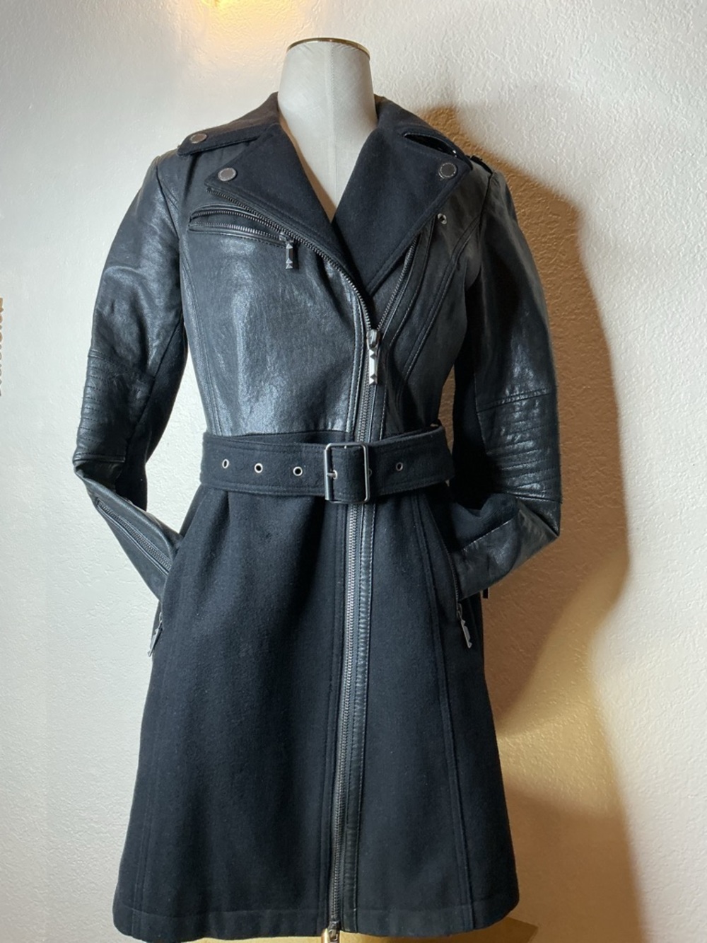 BCBG Black Mixed-Media Belted Moto Coat - Women